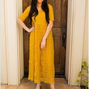 V Neck Overlay Lace Maxi Dress - Mustard